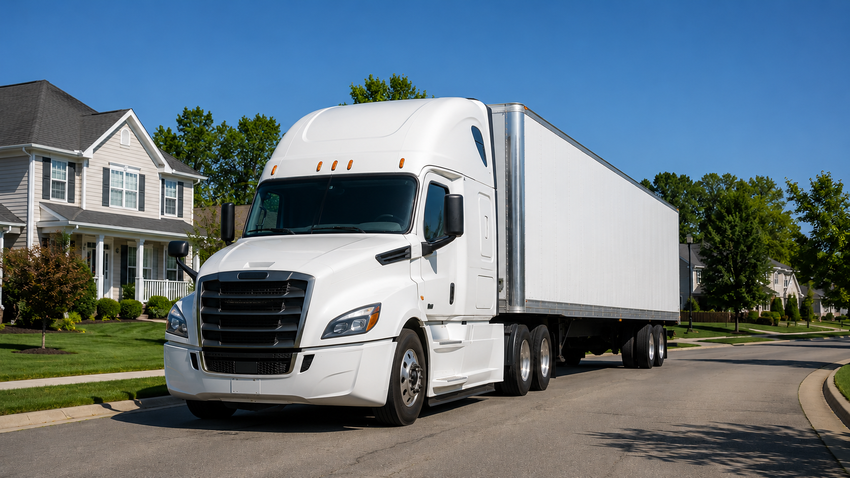 Semi-truck making a final mile delivery in an American residential neighborhood
