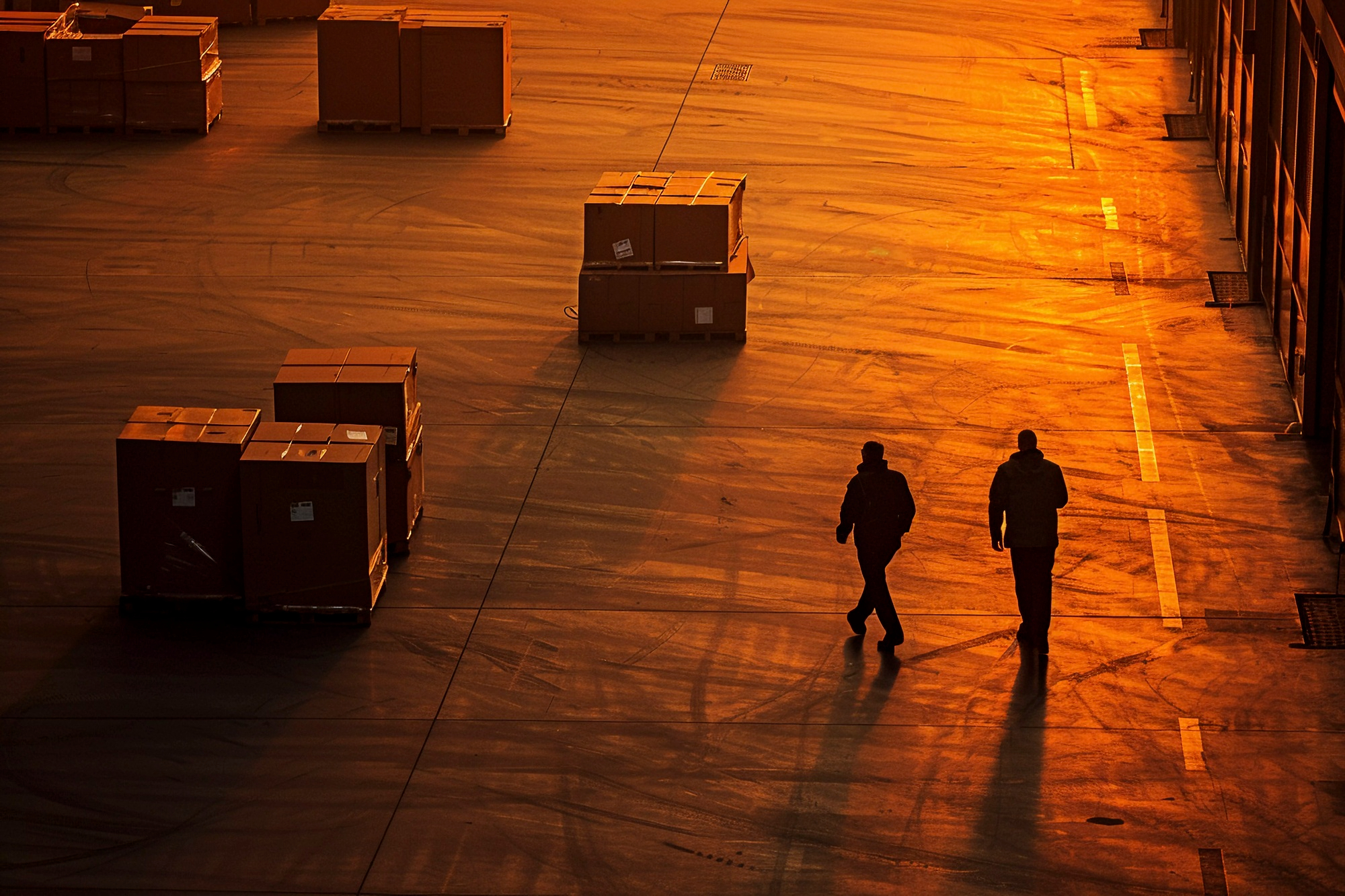 warehouse workers moving freight in large logistics facility