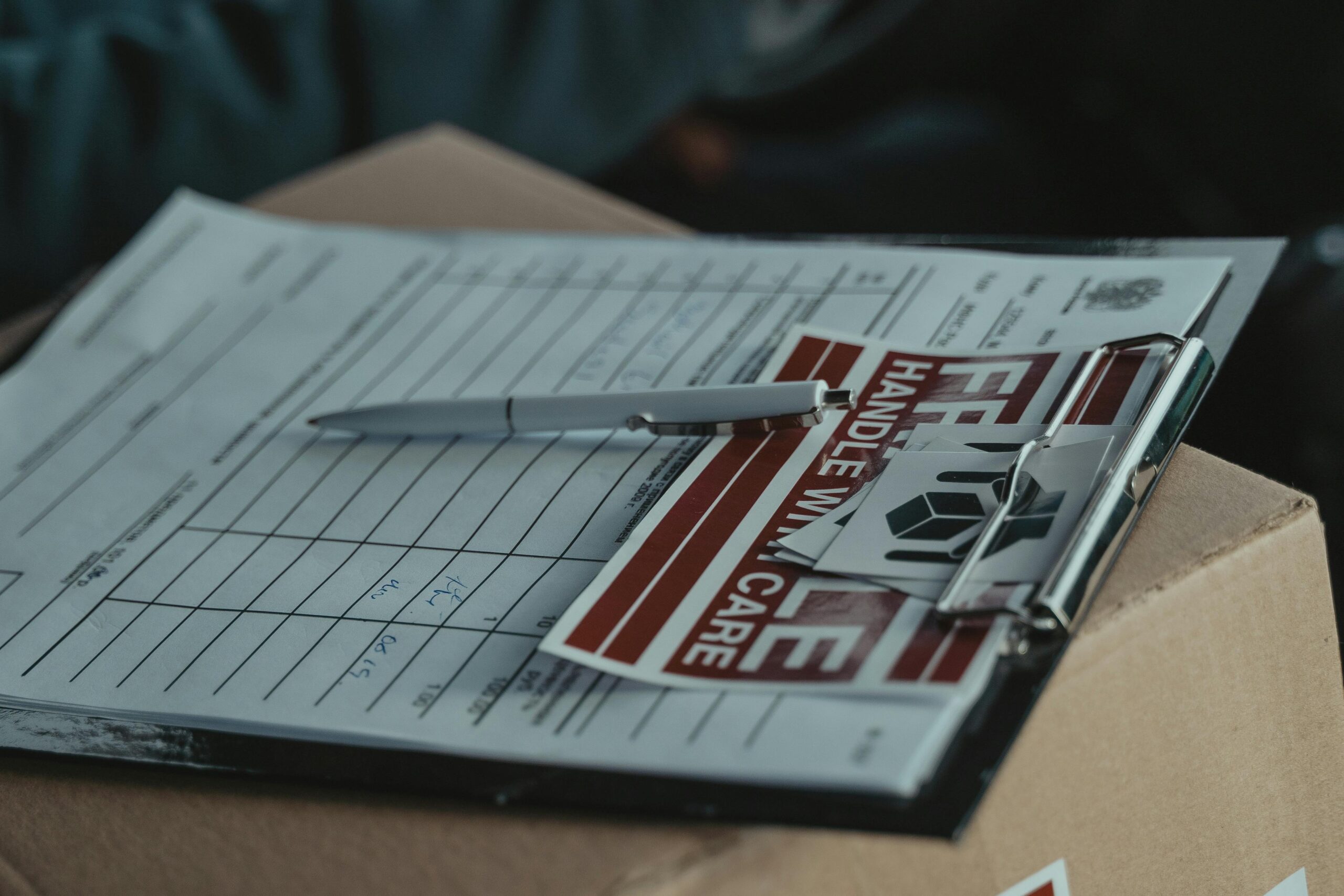 Freight shipping document and handle with care label on clipboard atop a cardboard box