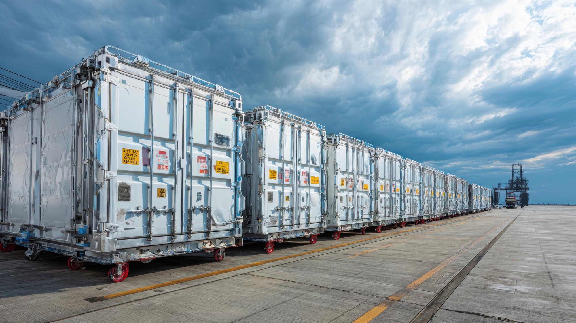 row of refrigerated freight containers at shipping port